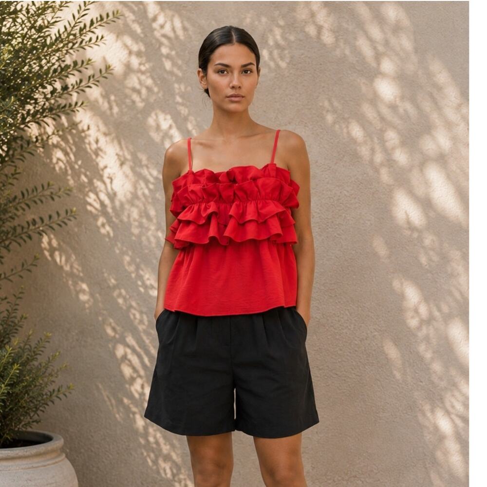 Sienna Sky Red Tiered Ruffle Crop Cami Top M Smocked Back Adjustable Straps NWT
